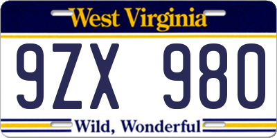 WV license plate 9ZX980