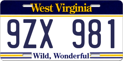 WV license plate 9ZX981