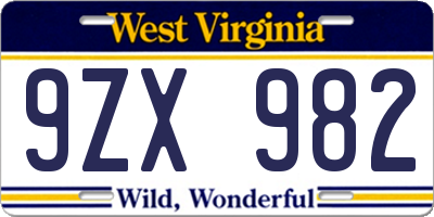 WV license plate 9ZX982