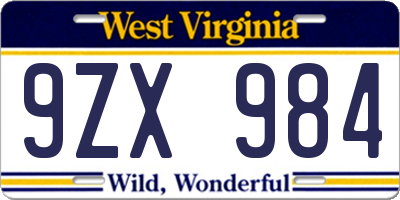 WV license plate 9ZX984