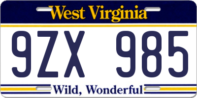 WV license plate 9ZX985