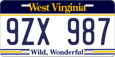 WV license plate 9ZX987