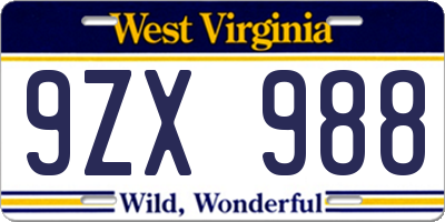 WV license plate 9ZX988