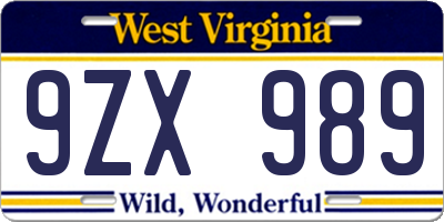 WV license plate 9ZX989