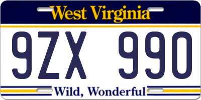 WV license plate 9ZX990