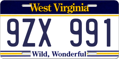 WV license plate 9ZX991