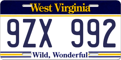 WV license plate 9ZX992