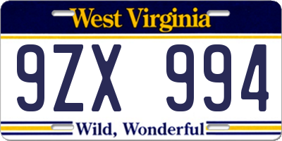 WV license plate 9ZX994