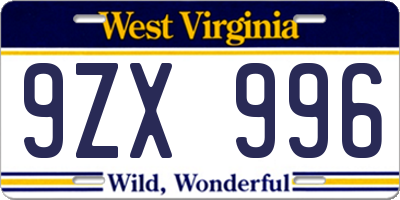 WV license plate 9ZX996