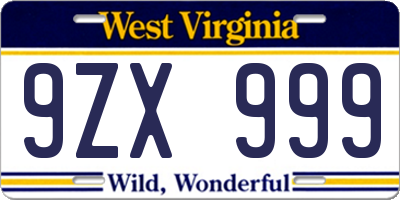 WV license plate 9ZX999