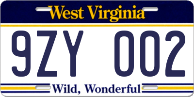 WV license plate 9ZY002
