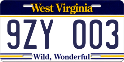 WV license plate 9ZY003