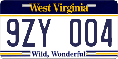 WV license plate 9ZY004