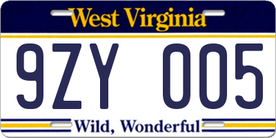 WV license plate 9ZY005