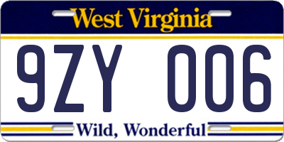 WV license plate 9ZY006