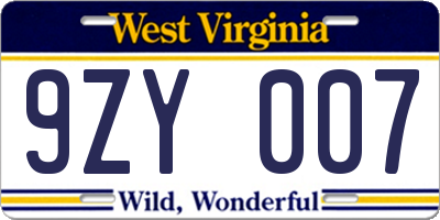 WV license plate 9ZY007