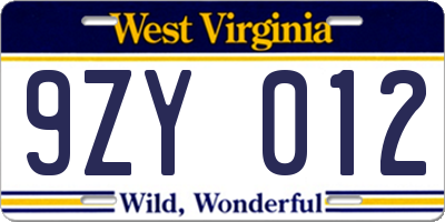 WV license plate 9ZY012
