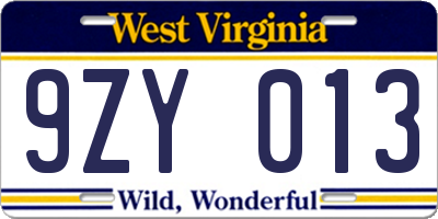 WV license plate 9ZY013