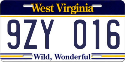 WV license plate 9ZY016