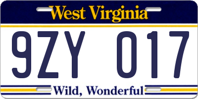 WV license plate 9ZY017