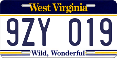 WV license plate 9ZY019