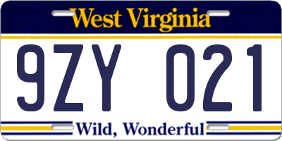WV license plate 9ZY021