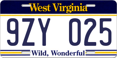 WV license plate 9ZY025