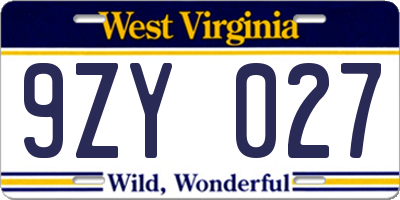WV license plate 9ZY027