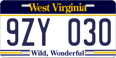 WV license plate 9ZY030