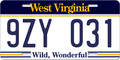 WV license plate 9ZY031