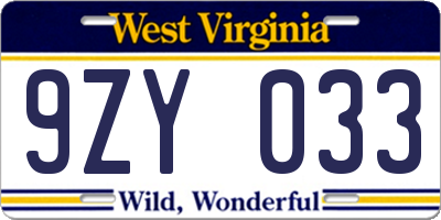 WV license plate 9ZY033