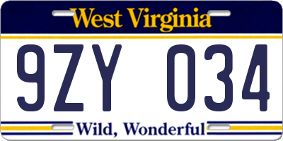 WV license plate 9ZY034
