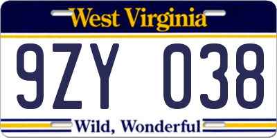 WV license plate 9ZY038