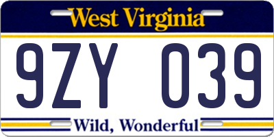 WV license plate 9ZY039