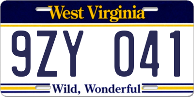 WV license plate 9ZY041