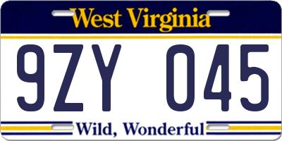 WV license plate 9ZY045