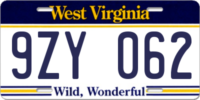 WV license plate 9ZY062