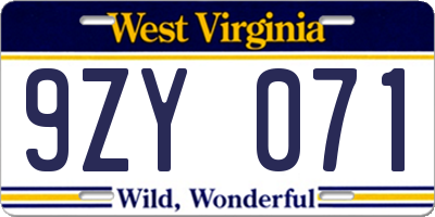 WV license plate 9ZY071