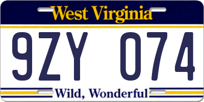 WV license plate 9ZY074