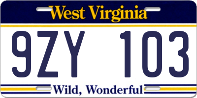 WV license plate 9ZY103