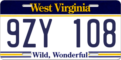 WV license plate 9ZY108