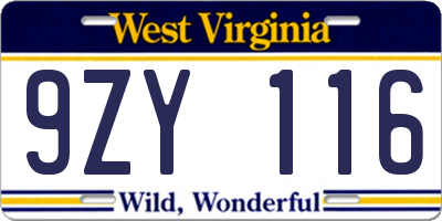 WV license plate 9ZY116