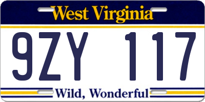 WV license plate 9ZY117