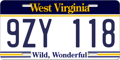 WV license plate 9ZY118