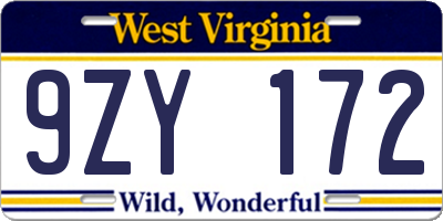 WV license plate 9ZY172