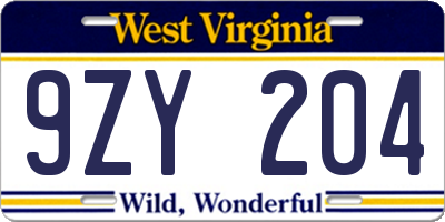 WV license plate 9ZY204
