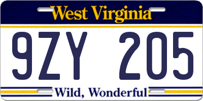 WV license plate 9ZY205