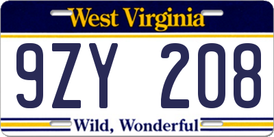 WV license plate 9ZY208