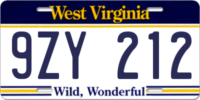 WV license plate 9ZY212