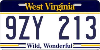 WV license plate 9ZY213